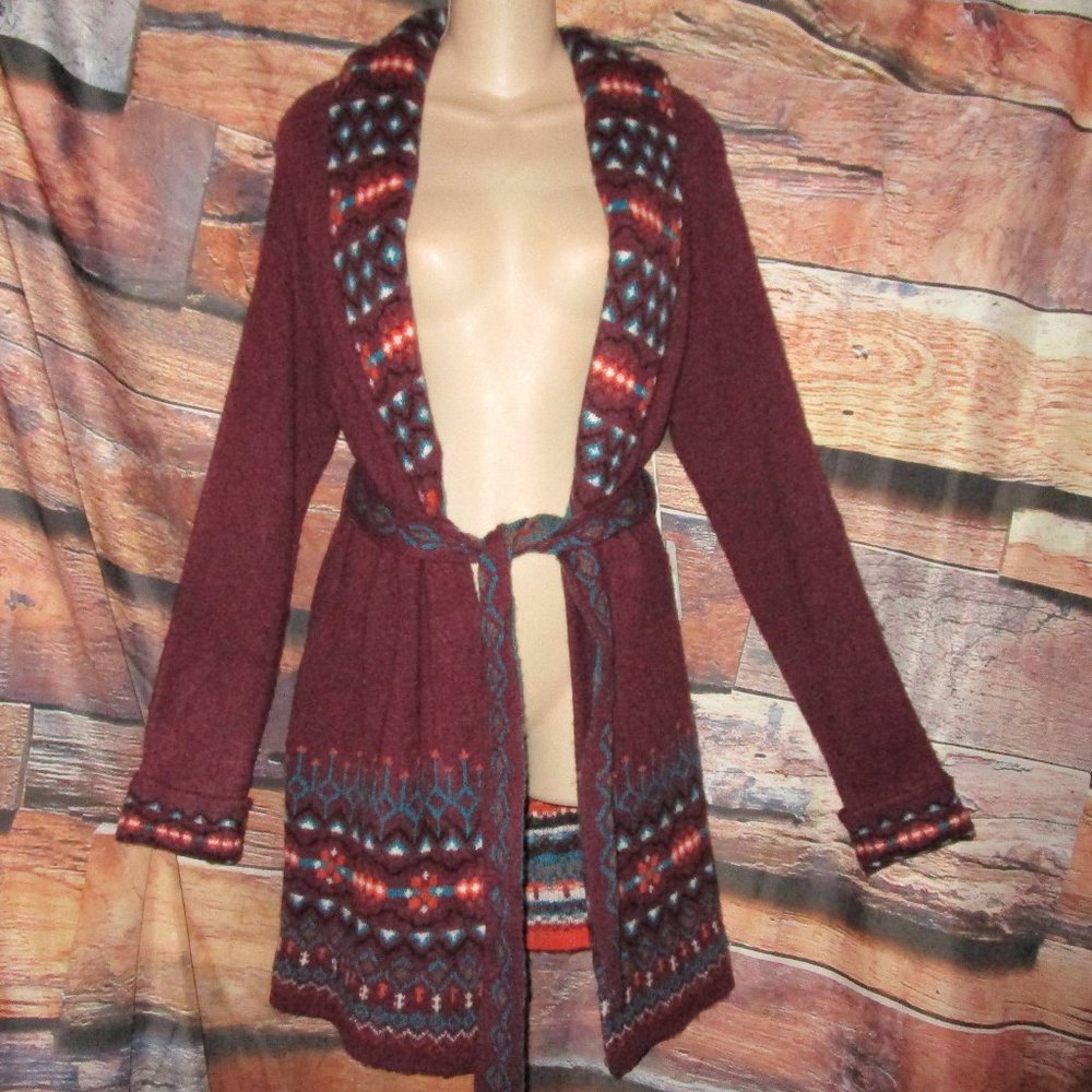 Wrangler S NWT Western Burhundy Southwest Belted Cardigan Sweater Jacket - Picture 6 of 8